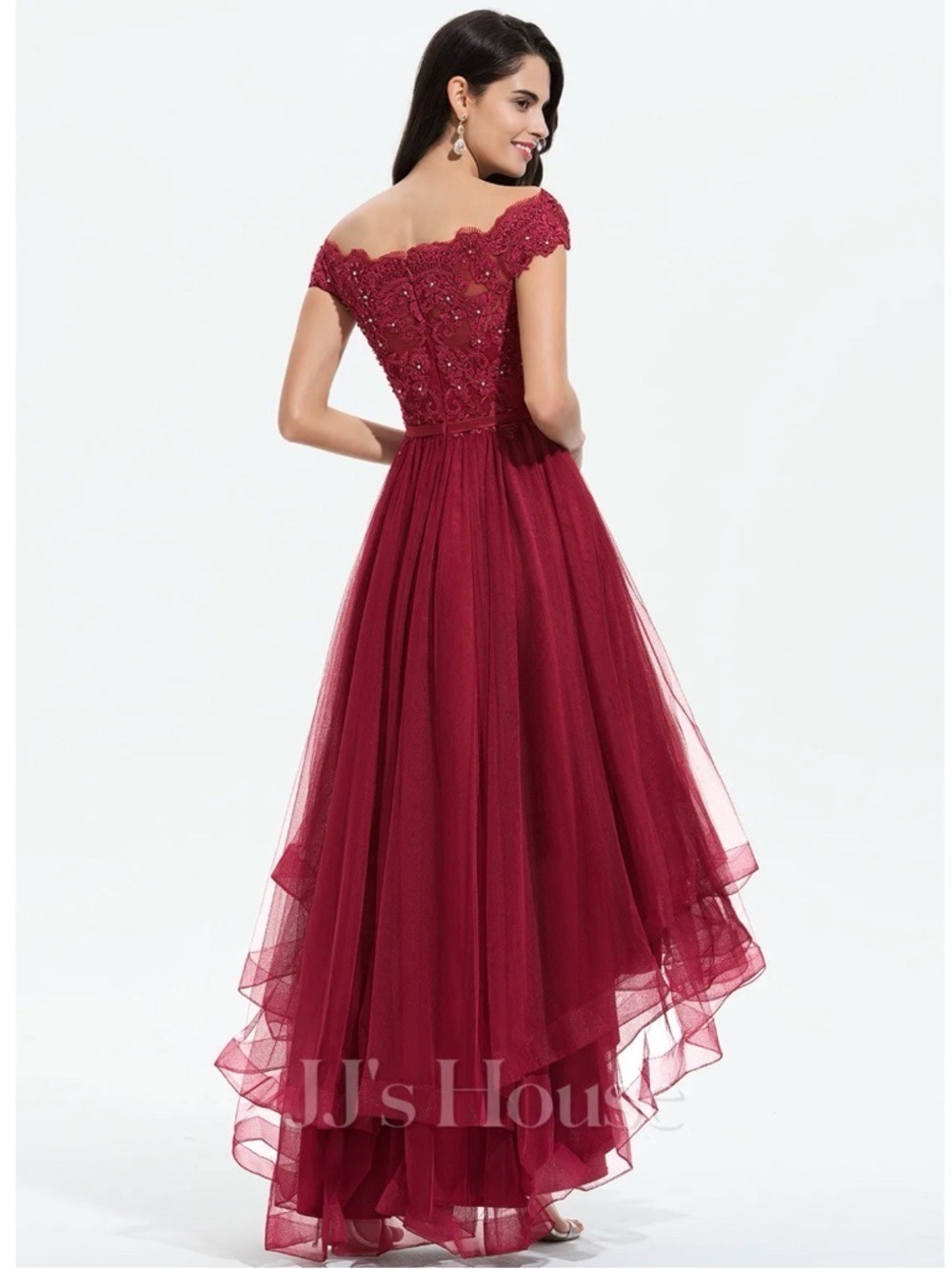 JJs House Burgundy Off-the-Shoulder High-Low Tulle Ball Gown - Picture 2 of 8